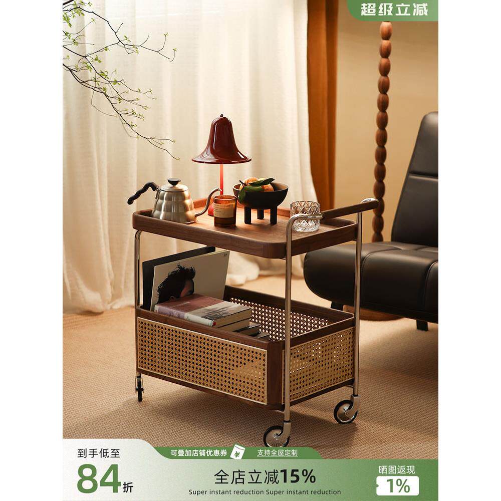 Muqujia斯堪的纳维亚实木边桌黑胡桃木储物手推车客厅沙发藤储物