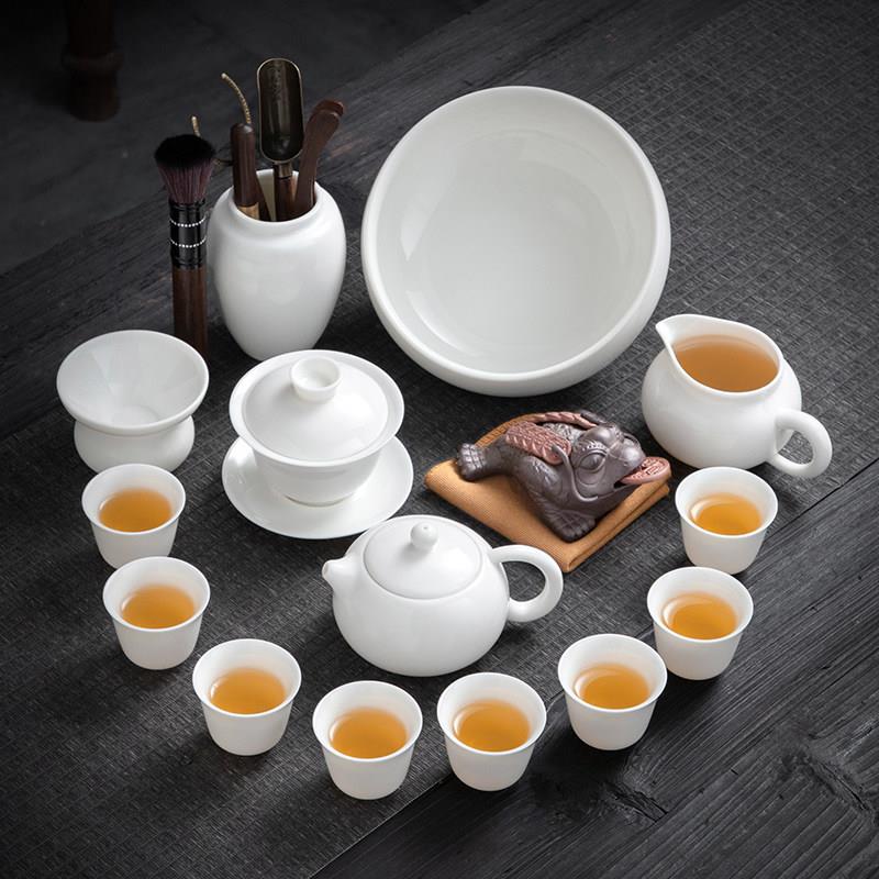景德镇汝窑 高端羊脂玉白瓷功夫茶具套组家用 白色陶瓷茶杯盖碗泡