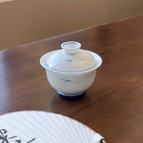 青花手绘白瓷悬停盖碗茶杯薄胎二才泡茶碗大号高档功夫茶具不烫手
