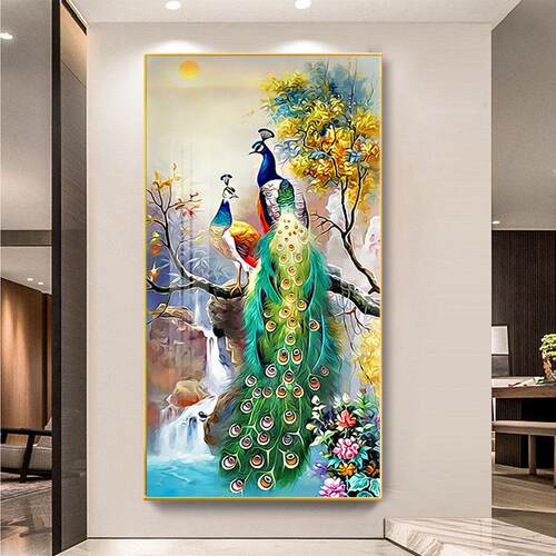 客厅入户门玄关装饰画过道走廊壁画中式孔雀凤凰晶瓷镶钻竖版挂画