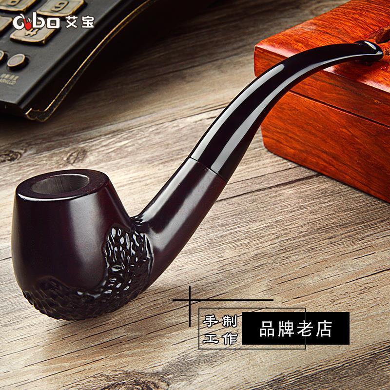 高档艾宝黑檀石楠木实木烟斗男士老式手工旱烟锅锅子弯式复古烟斗