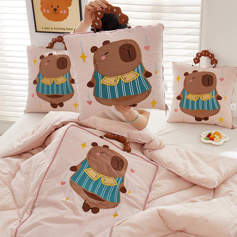 纯棉色织卡通抱枕被子两用二合一办公室午睡毯车载折叠午休全棉被