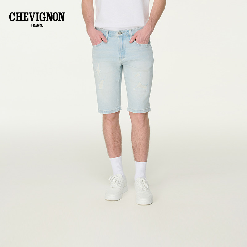 CHEVIGNON法国尚飞扬 洗水高端牛仔短裤男装春夏新款浅蓝色五分裤