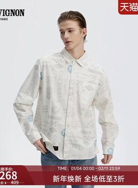 CHEVIGNON法国尚飞扬 潮流印花衬衫男装休闲简约白色长袖上衣外套