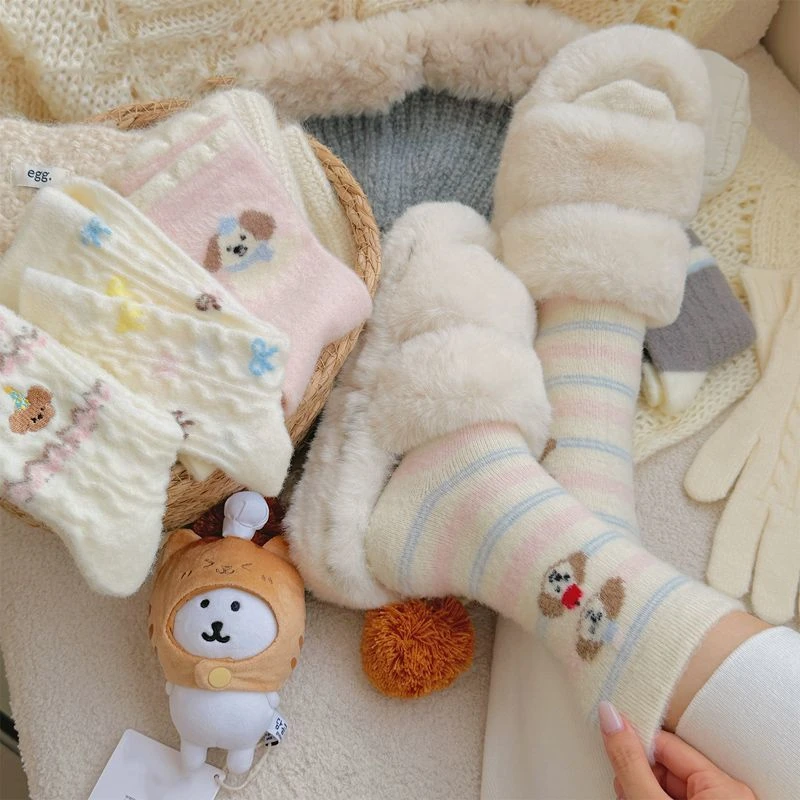袜子秋冬季加绒加厚保暖中筒袜可爱卡通日系小狗软糯地板睡眠袜N