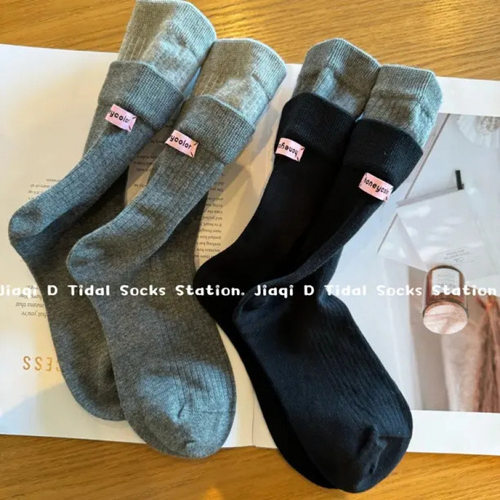 韩版双层拼色后跟布标中筒袜女网