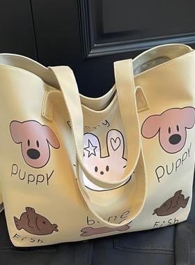 可爱印花帆布包包女新款学生上课通勤托特大包百搭妈咪包