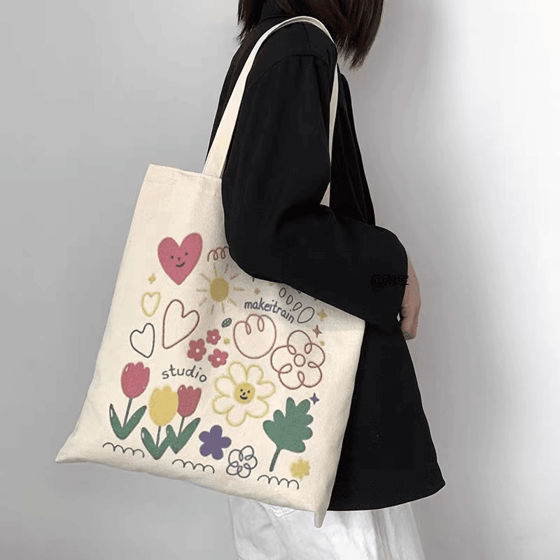 简约手提帆布袋休闲百搭碎花单肩包学生上课布袋子小清新便当包包