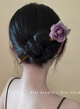 紫色玫瑰花木簪夏季发簪网纱花朵发钗古风簪花头饰气质发饰配饰zw