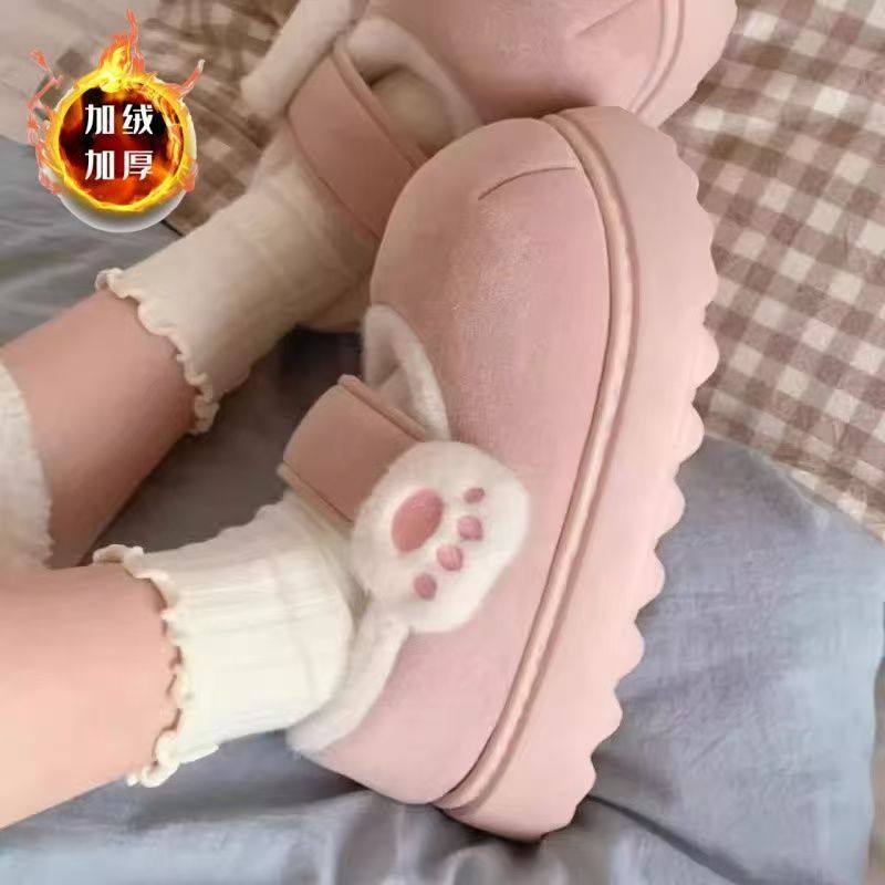 细细条可爱猫爪厚底防滑棉拖鞋女生冬季室内外保暖全包跟毛绒棉鞋