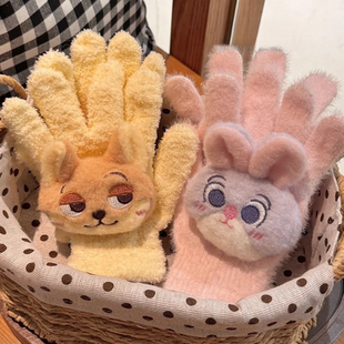 秋冬季2025新款保暖狐尼克朱迪毛绒五指手套女可爱学生防寒骑车M