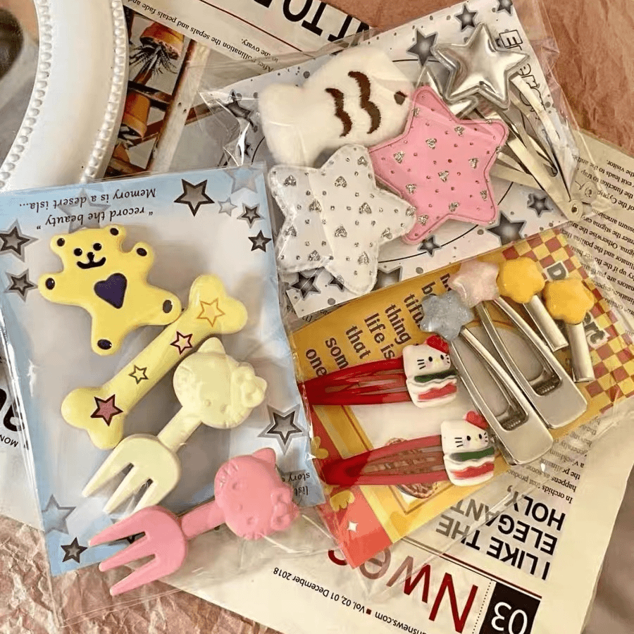 15个装!可爱少女kitty发夹刘海夹小鱼侧边夹甜酷PU星星BB夹发饰