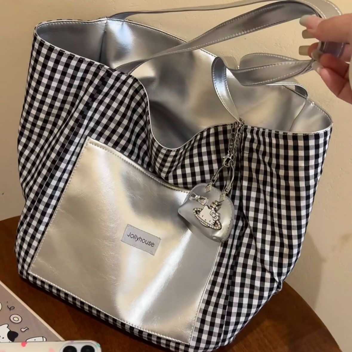 韩系高级感双面背银色托特包女2025新款黑白格子大容量通勤电脑包