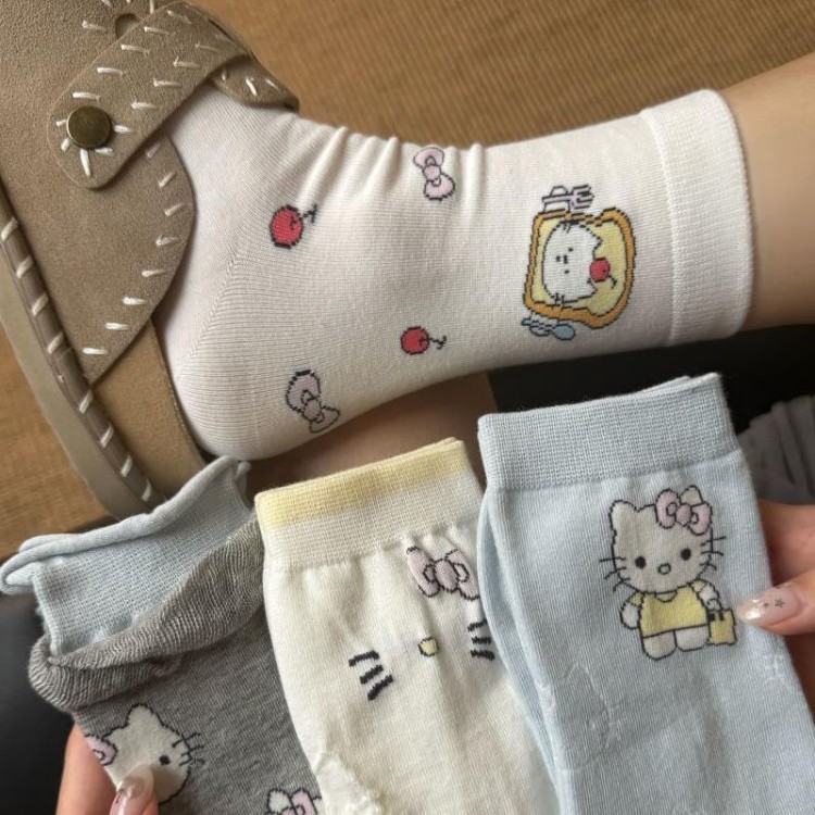 白色袜子女款中筒袜秋冬款日系卡通ins潮百搭中筒袜学生长筒袜女