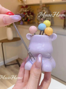 轻奢小熊水果叉家用可爱收纳餐具套装点心叉甜品叉创意陶瓷收纳罐