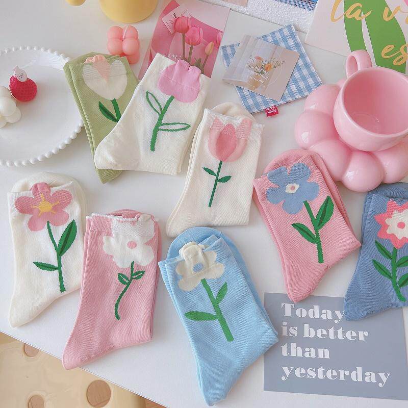 立体花朵袜子女中筒袜潮夏季薄款