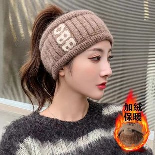 韩版 针织毛线发带女日系运动包头帽空顶马尾帽发带套头帽子Y 冬季