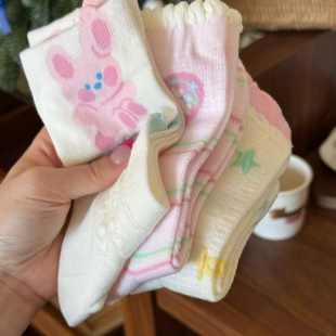 薄款 春夏季 兔子透气吸汗花边袜子女中筒袜粉色卡通ins可爱少女风