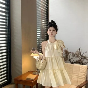 法式 甜美初恋小个子海边度假短裙 温柔风吊带无袖 挂脖连衣裙女夏季
