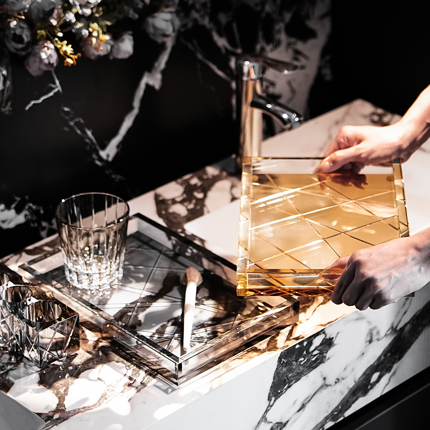 高级感奢华洛水晶刻线玻璃托盘子