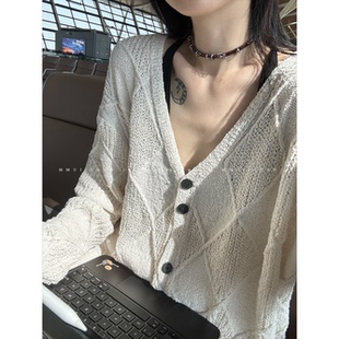 MMUIICHAN 菱格凉凉开衫 有点慵懒的V领针织开衫宽松显瘦百搭外套