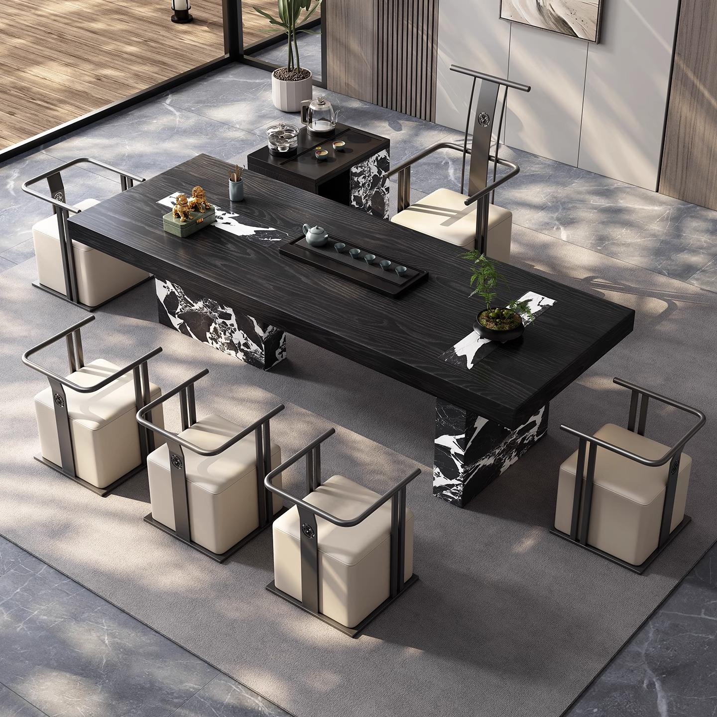 意式轻奢实木茶桌椅组合办公室泡茶台一体岩板茶几客厅家用大板桌