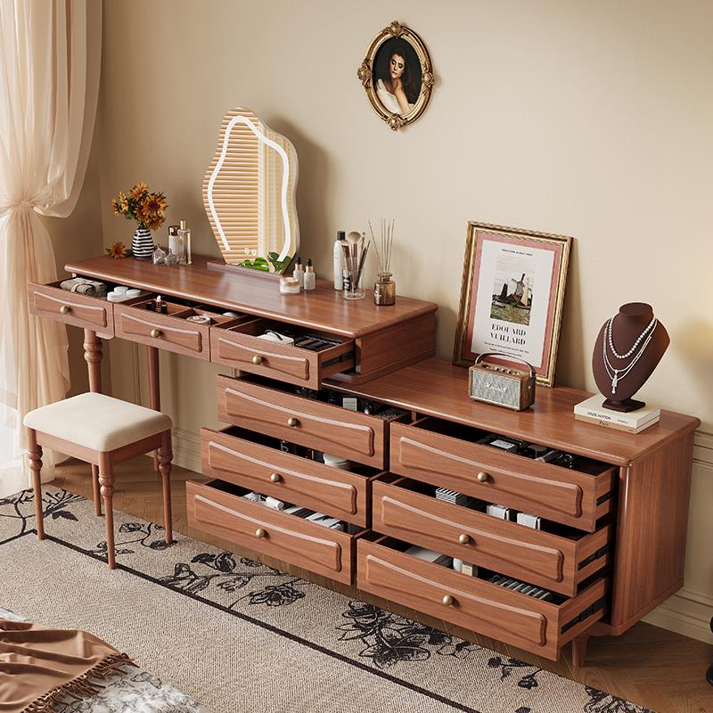 覆古实木化妆台斗柜一体中古风原木可伸缩转角化妆桌卧室床尾书桌