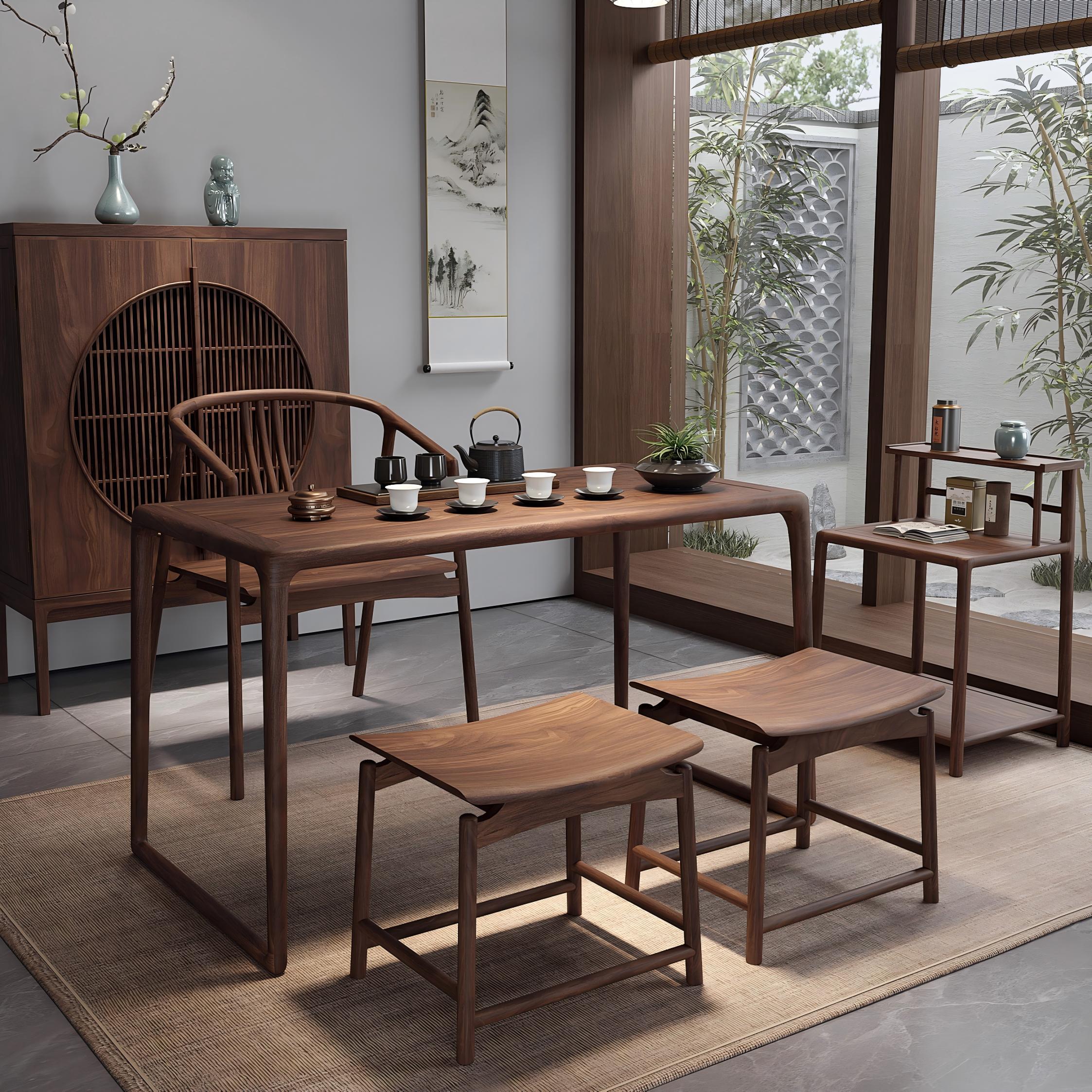 新中式阳台茶桌小型2025新款家用客厅中古风黑胡桃木实木茶台1米2