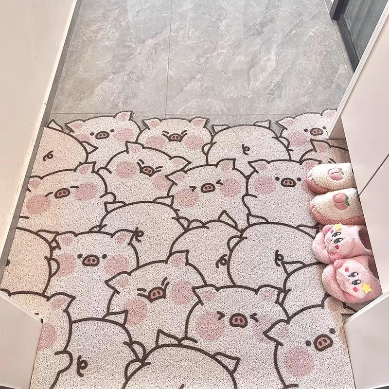 可爱粉色猪猪丝圈入户地垫门内门外刮泥蹭土玄关进门脚垫任意裁减