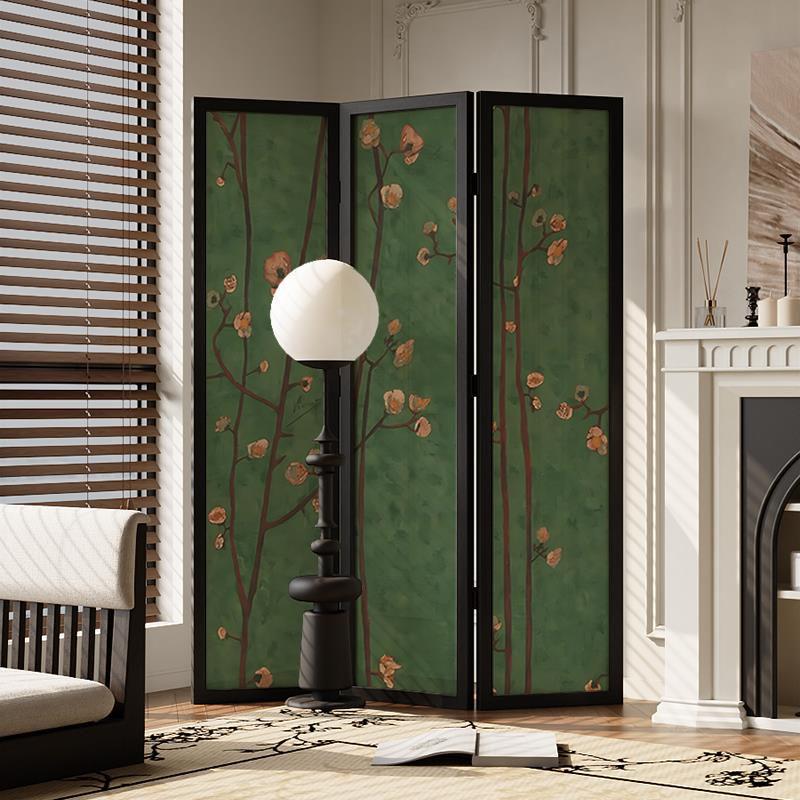 中古风复古绿实木折叠屏风客厅茶室隔断玄关入户遮挡新款移动折屏