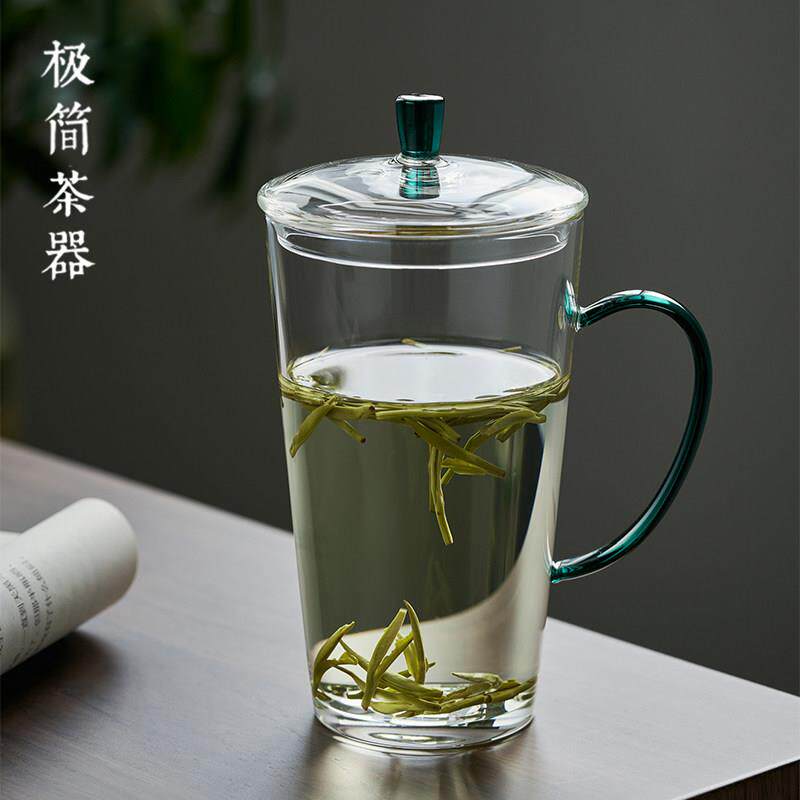 高颜值绿茶杯专用简约玻璃杯家用喝水带把盖杯子男女办公室泡茶杯