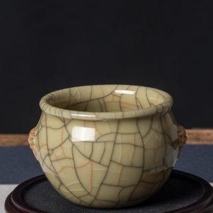 传世哥窑茶盏金丝铁线龙泉青瓷米黄釉主人杯品茗功夫茶具茶杯开片