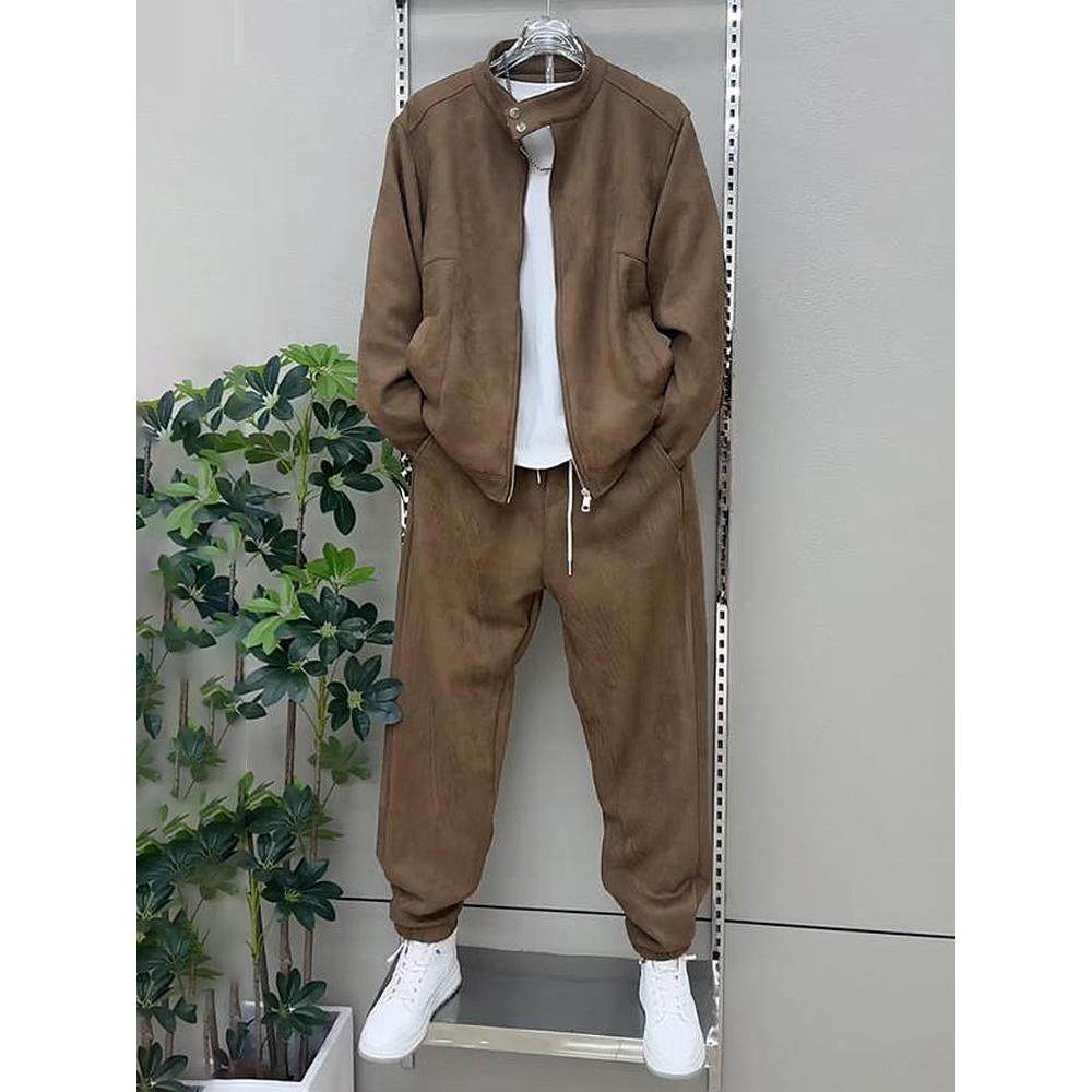 休闲套装男士春秋季时尚潮流百搭拼接立领夹克外套男装搭配一整套