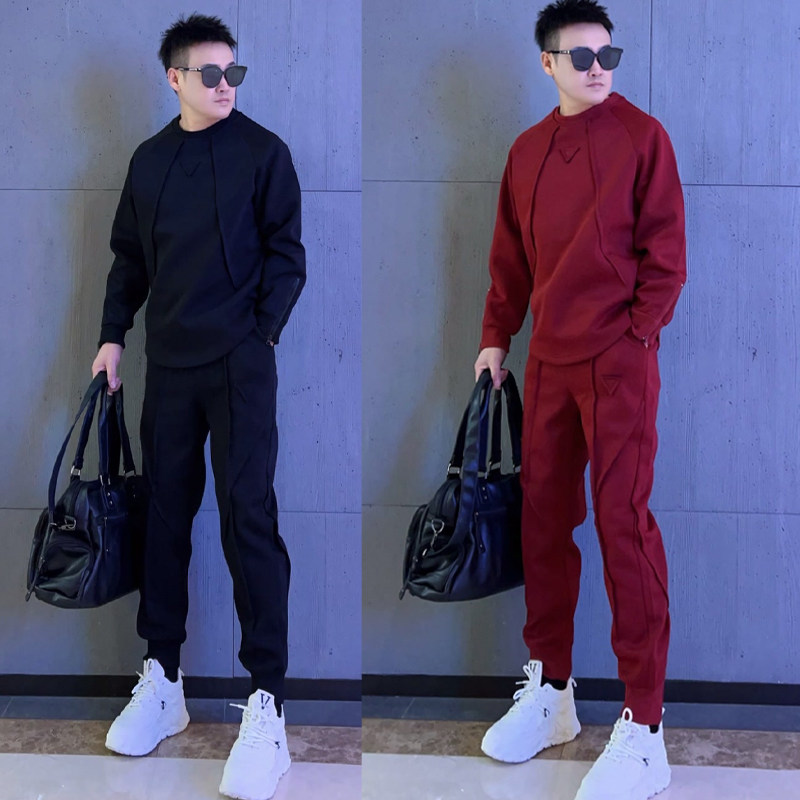 休闲运动套装男士春秋季时尚高级感拼接圆领卫衣卫裤男装搭配一套