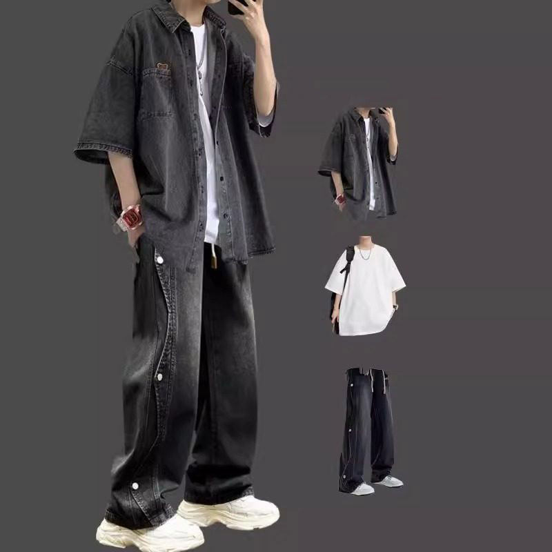 复古牛仔短袖衬衫套装男款夏季潮牌痞帅三件套休闲穿搭搭配一套装