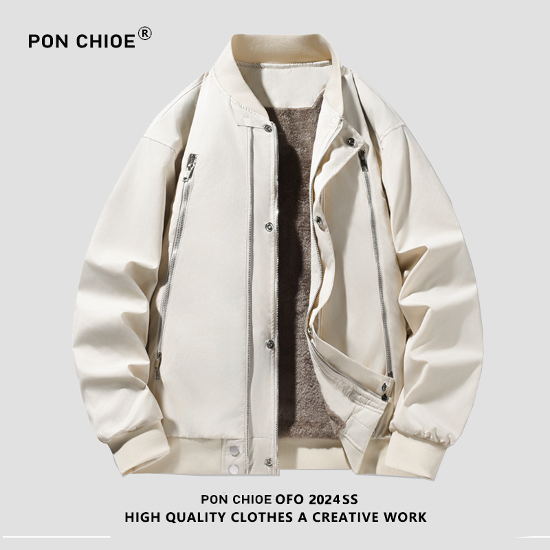 ponchioe美式加绒加厚棒球服外套男冬季潮牌夹克宽松休闲保暖外套