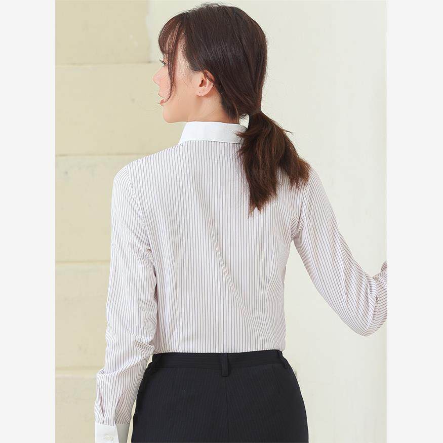 春夏中国工装工作服女职场长袖衬衫紫粉条纹行服长衬制服