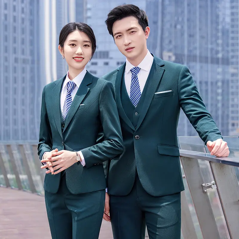 男士墨绿色高端职业西装套装三件套银行酒店办公室正装西服孔雀蓝