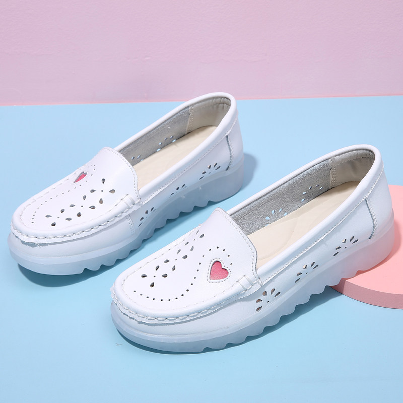 护士鞋女夏季真皮白色软底镂空透气不累脚防滑防臭舒适增高医护鞋