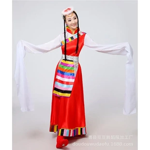 新款藏族女演出服民族风藏装长袖成人短袖舞蹈表演套装水袖卓玛