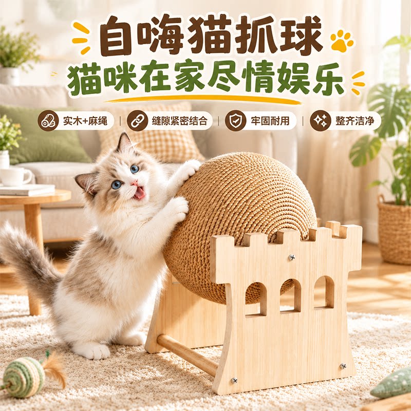 木质立式猫抓板耐磨磨爪球麻绳猫咪自嗨解闷猫玩具宠物用品城堡款