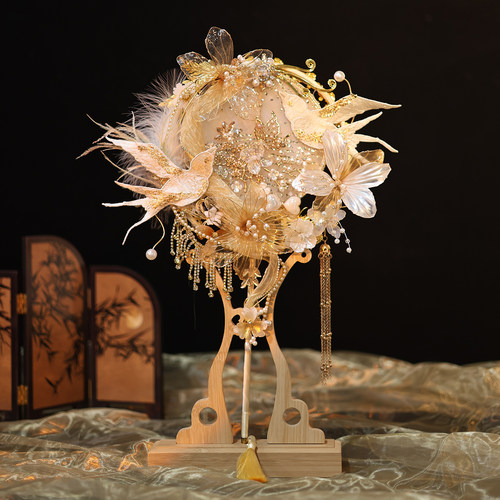 物语新娘结婚团扇中式婚礼手工diy材料包高档金色成品扇新婚礼物