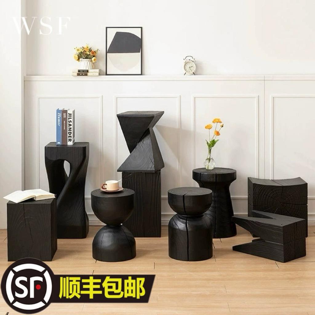 碳化实木墩子原木凳子客厅茶几民宿床头柜实木摆件树桩黑色边角几