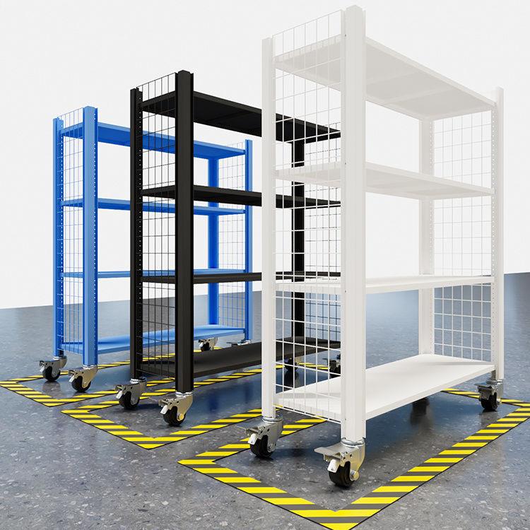 可移动仓储货架带轮子三面带网格多层可推拉调节商用多功能置物架