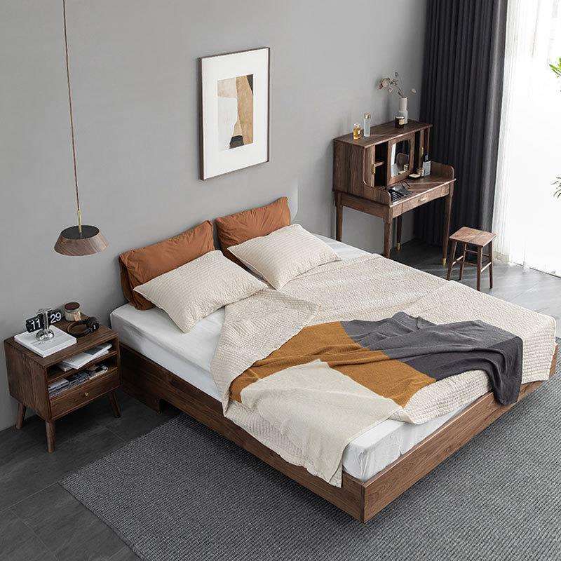 黑胡桃日式简约无床头悬浮床北欧无靠背带灯榻榻米矮床实木双人床