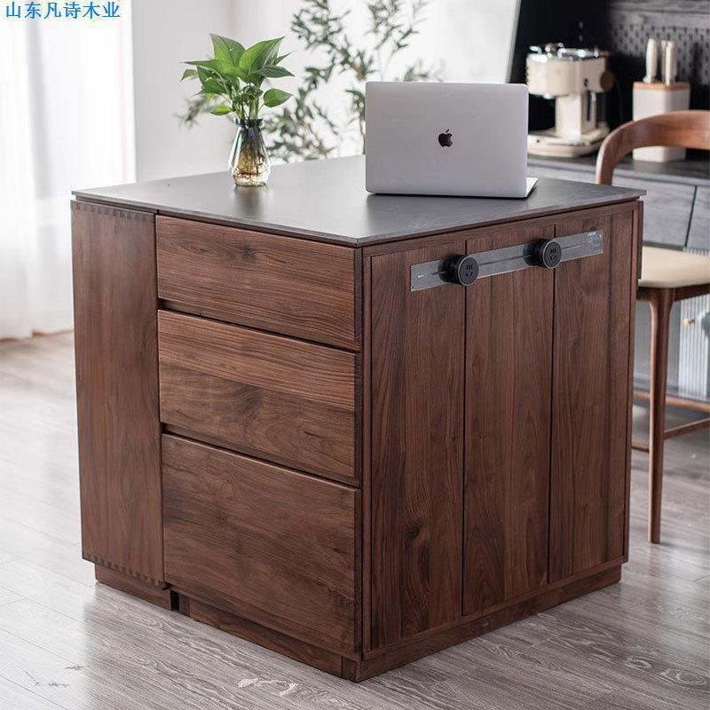 餐厅中岛台单独岩板实木岛台餐桌一体可伸缩移动黑胡桃木厨房储物