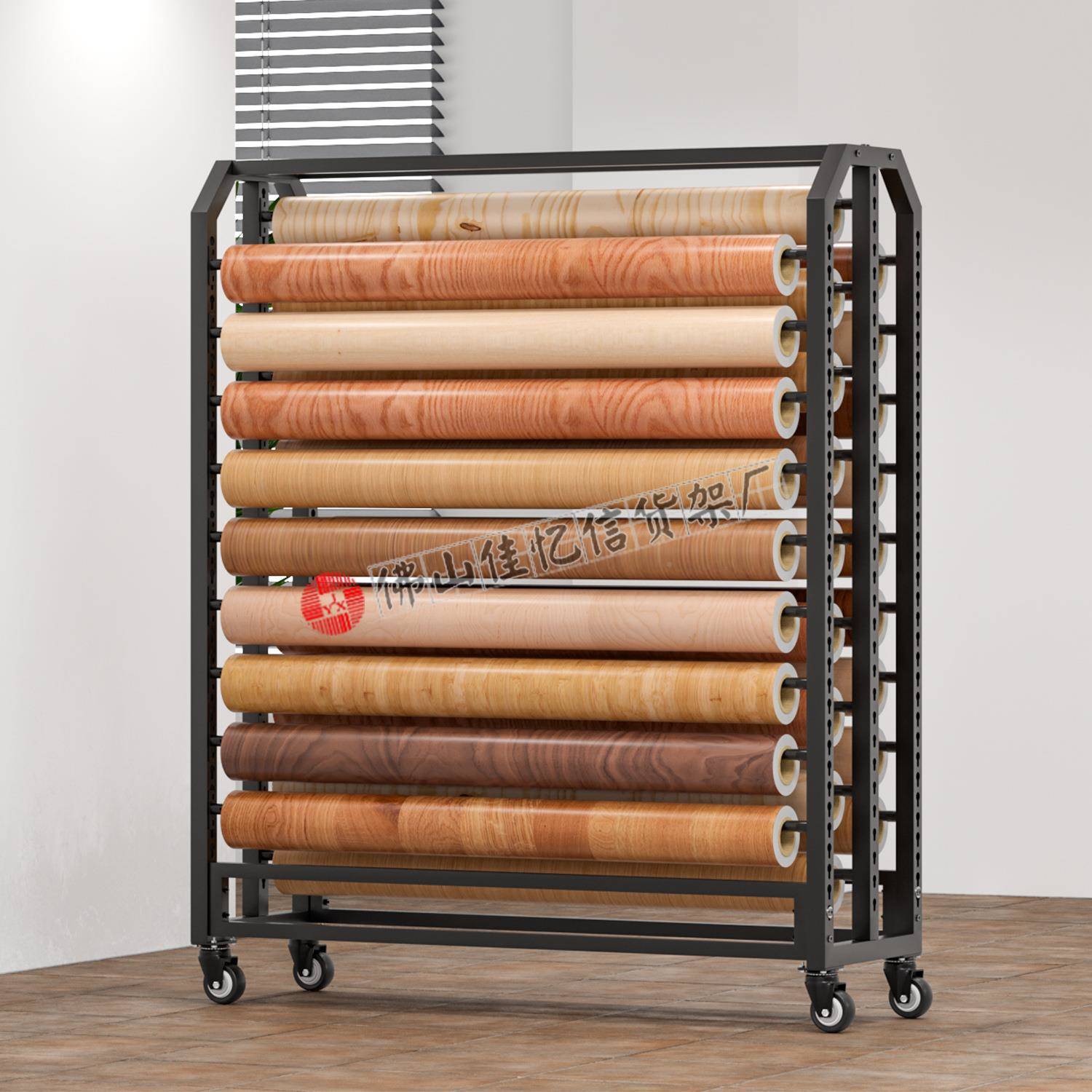 带轮子可移动木纹皮革贴纸自墙纸展示架墙布墙纸仿壁PV粘C纸货架