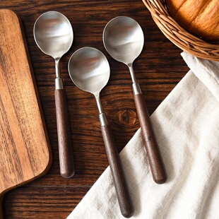 复古仿木纹胡桃色餐具家用不锈钢汤勺火锅勺子汤勺汤分餐勺吃饭勺
