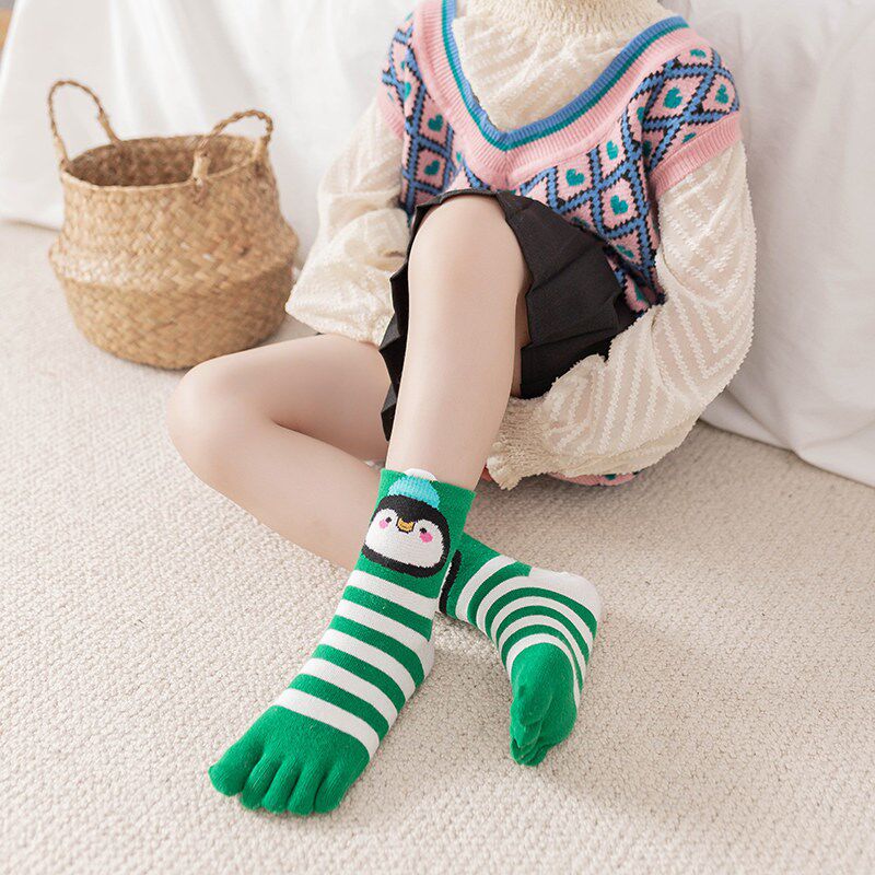 圣诞儿童五指袜纯棉中筒秋冬男童本命年红色分趾袜女童矫正脚趾袜