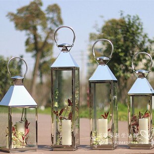 包邮 家居酒店装 加厚不锈钢简约欧式 手提玻璃风灯 饰摆件 烛台